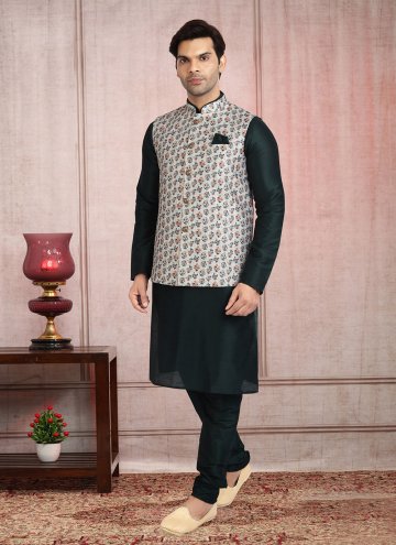 Black and Off White color Banarasi Kurta Payjama With Jacket with Printed