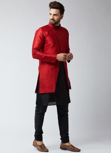 Black and Red Art Dupion Silk Plain Work Indo Western for Engagement