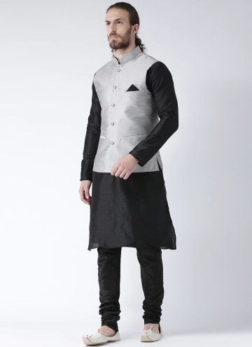 Black and Silver Art Dupion Silk Plain Work Kurta Payjama With Jacket