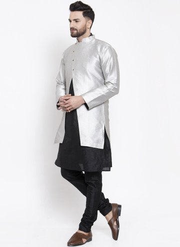 Black and Silver color Fancy work Art Dupion Silk Kurta Payjama With Jacket