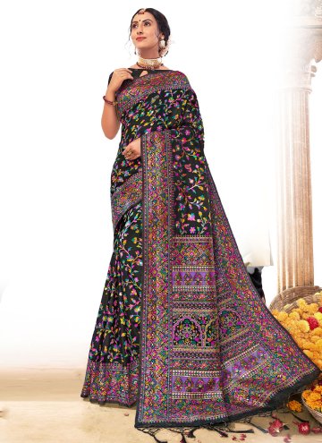 Black Blended Cotton Woven Designer Saree for Engagement