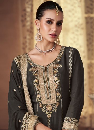 Black Chinon Embroidered Palazzo Suit