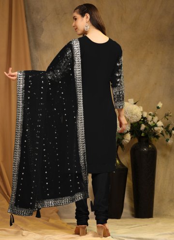 Black Churidar Salwar Kameez in Faux Georgette with Embroidered