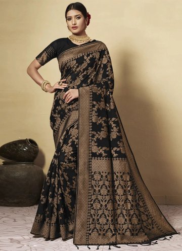 Black Classic Designer Saree in Chanderi Cotton wi