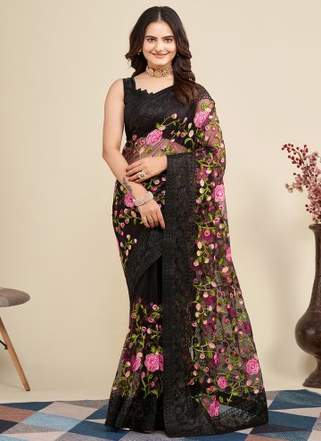 Black Classic Designer Saree in Net with Embroider