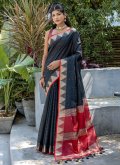 Black Classic Designer Saree in Raw Silk with Woven - 1