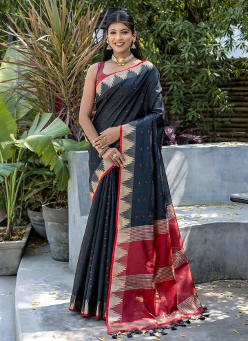 Black Classic Designer Saree in Raw Silk with Woven