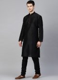 Black color Art Dupion Silk Kurta Pyjama with Plain Work - 1