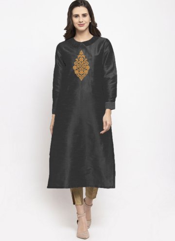 Black color Art Dupion Silk Party Wear Kurti with Embroidered