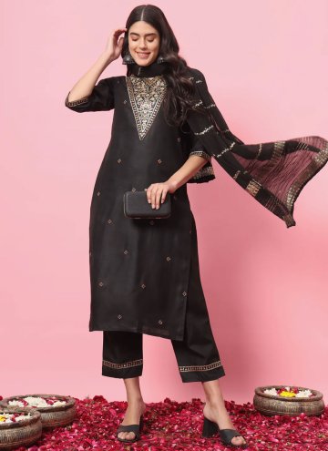 Black color Blended Cotton Salwar Suit with Embroidered
