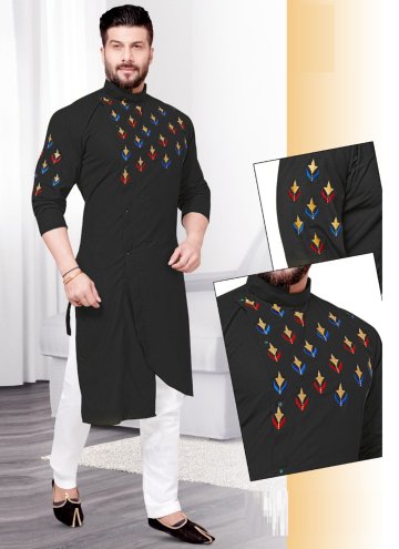 Black color Cotton  Kurta Pyjama with Resham Work