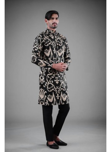 Black color Cotton Satin Kurta Pyjama with Printed