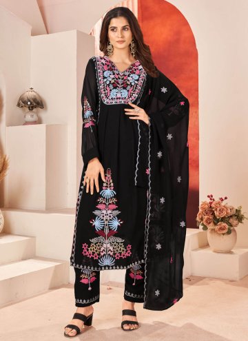 Black color Embroidered Faux Georgette Pant Style Suit