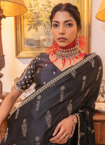 Black color Embroidered Satin Trendy Saree