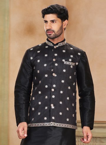 Black color Fancy work Jacquard Silk Kurta Payjama With Jacket