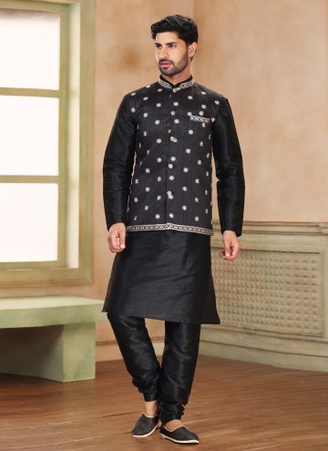 Black color Fancy work Jacquard Silk Kurta Payjama With Jacket