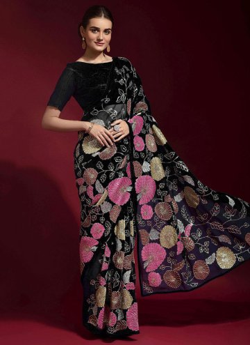 Black color Faux Georgette Trendy Saree with Embroidered