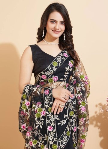 Black color Net Contemporary Saree with Embroidered