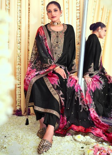 Black color Raw Silk Salwar Suit with Embroidered