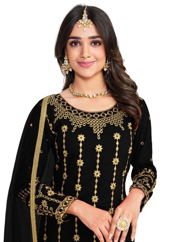Black color Silk Salwar Suit with Embroidered