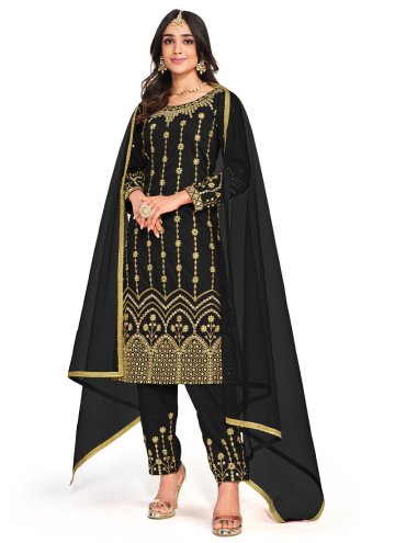Black color Silk Salwar Suit with Embroidered