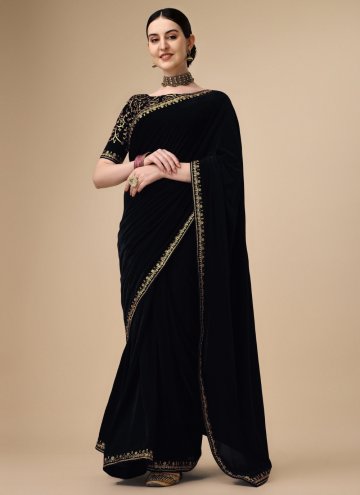 Black color Velvet Classic Designer Saree with Embroidered