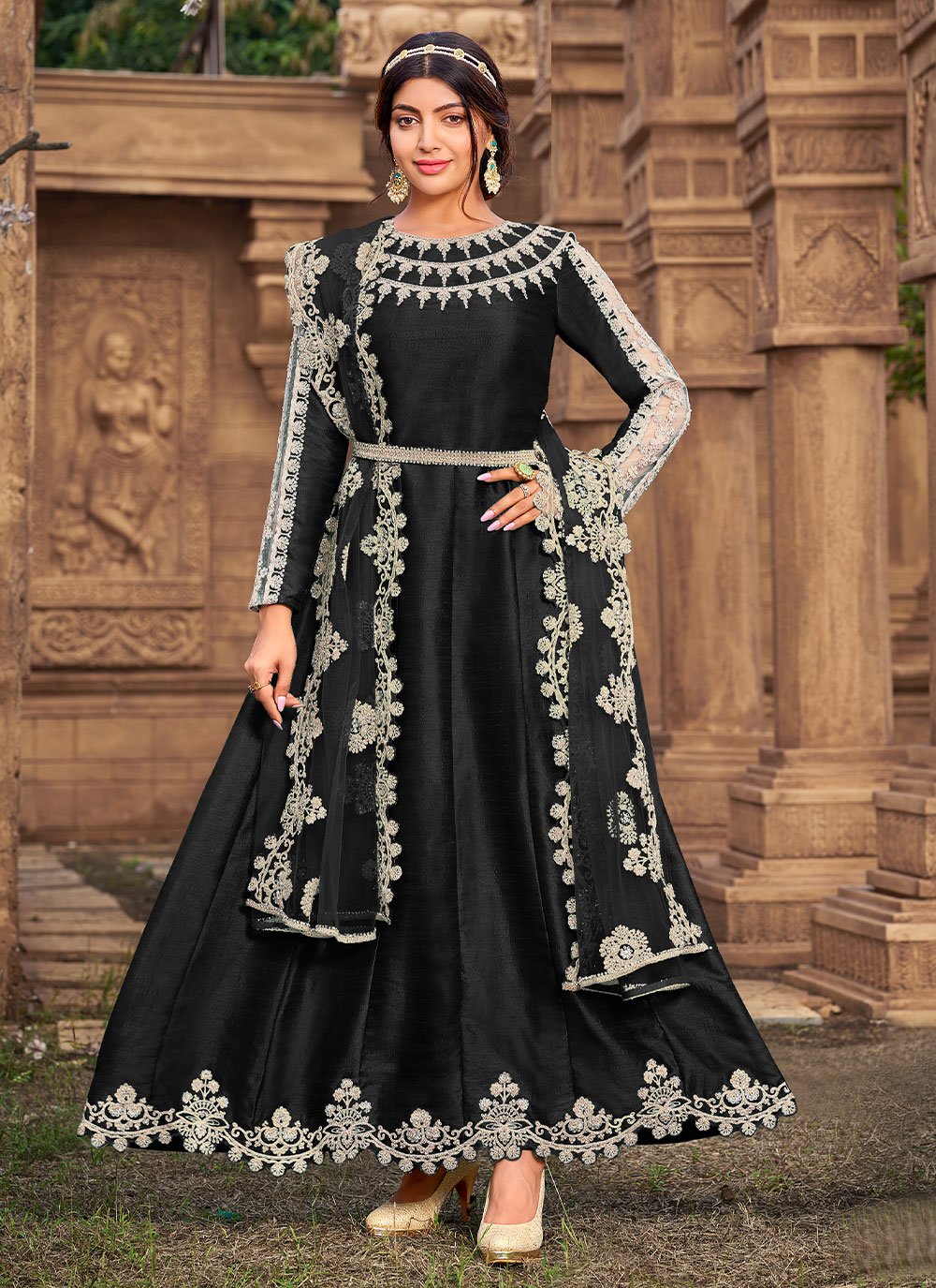 Black color Woven Silk Anarkali Salwar Kameez