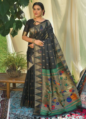 Black color Woven Silk Contemporary Saree