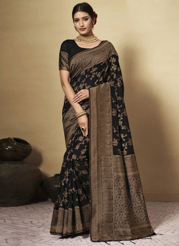 Black Contemporary Saree in Chanderi Cotton with Woven
