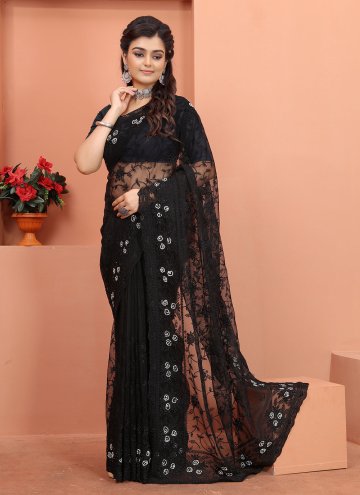 Black Contemporary Saree in Net with Embroidered