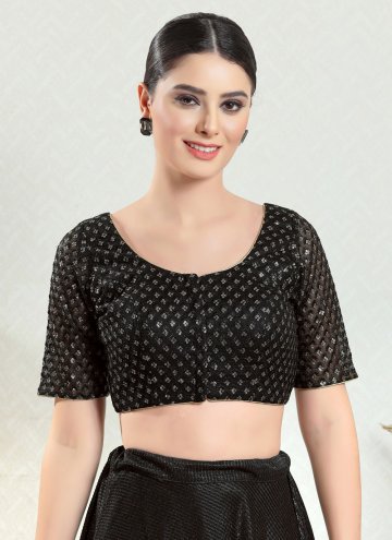 Black Designer Blouse in Net with Embroidered