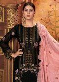 Black Faux Georgette Embroidered Pant Style Suit for Ceremonial - 1