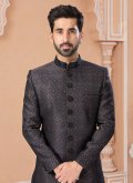 Black Indo Western Sherwani in Jacquard with Embroidered - 1