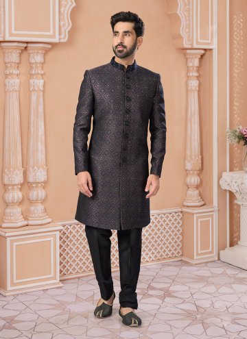 Black Indo Western Sherwani in Jacquard with Embroidered