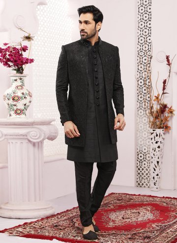 Black Jacket Style in Art Banarasi Silk with Embroidered