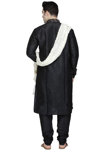 Black Kurta Pyjama in Art Dupion Silk with Embroidered