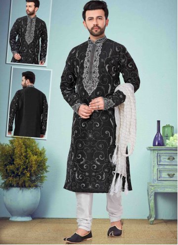 Black Kurta Pyjama in Art Dupion Silk with Print