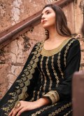 Black Palazzo Suit in Jacquard with Embroidered - 1