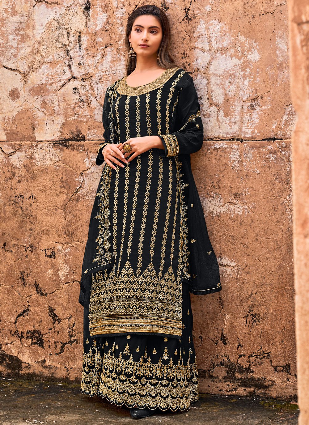 Black Palazzo Suit in Jacquard with Embroidered