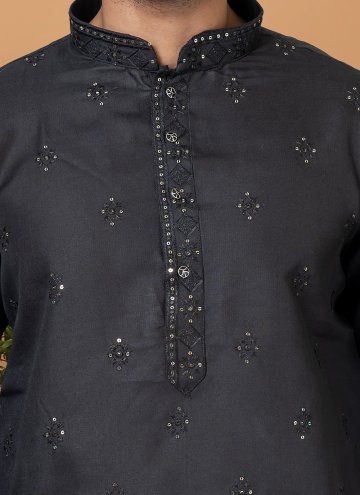 Black Poly Cotton Embroidered Kurta Pyjama