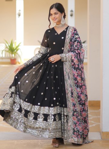 Black Readymade Designer Gown in Faux Georgette with Embroidered