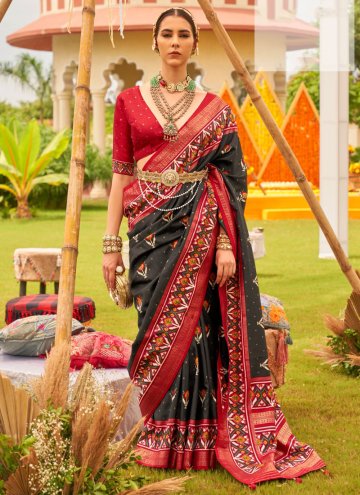 Black Trendy Saree in Patola Silk with Patola Print