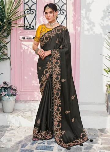 Black Trendy Saree in Satin Silk with Embroidered