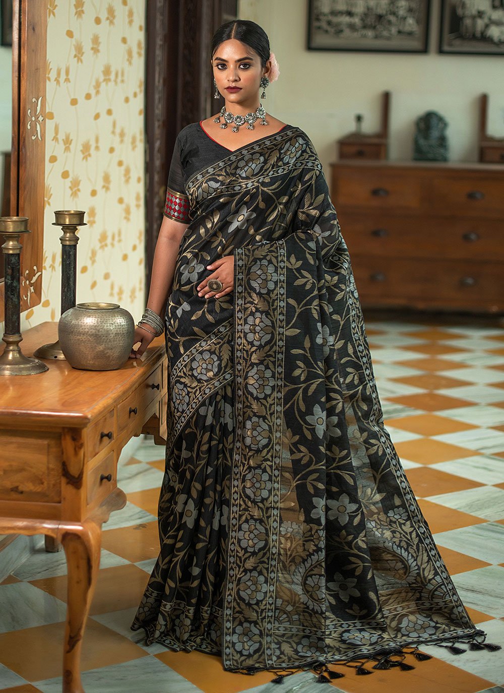 Black Tussar Silk Woven Classic Designer Saree for Festival