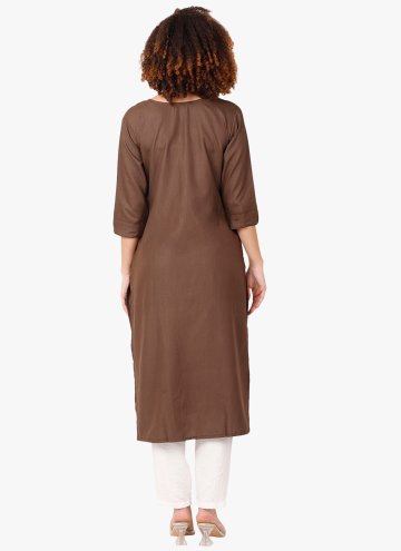 Blended Cotton Designer Kurti in Brown Enhanced with Embroidered