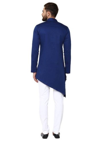 Blended Cotton Indo Western in Blue Enhanced with Plain Work