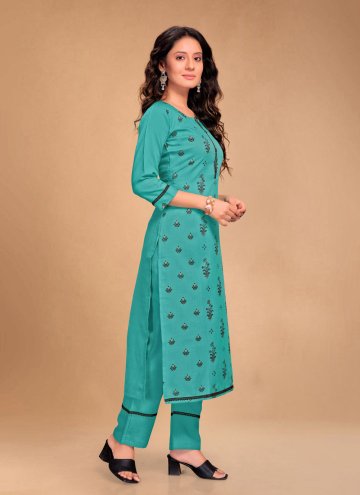 Blended Cotton Pant Style Suit in Sea Green Enhanced with Floral Print
