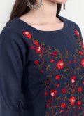 Blended Cotton Party Wear Kurti in Navy Blue Enhanced with Embroidered - 1