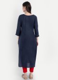 Blended Cotton Party Wear Kurti in Navy Blue Enhanced with Embroidered - 2