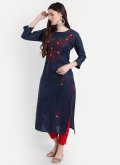 Blended Cotton Party Wear Kurti in Navy Blue Enhanced with Embroidered - 3